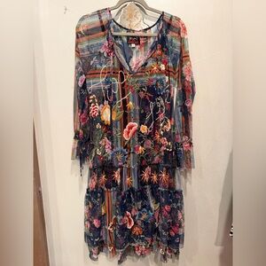 Johnny Was Navy Multi Floral Embroidered Long Sleeve Tiered Dress
